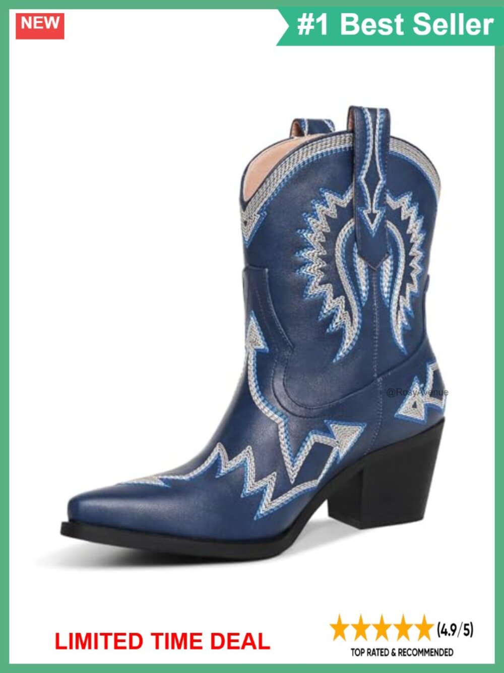 Western Ankle Cowboy Boots Chunky Pointed Toe Wide Calf PU Leather